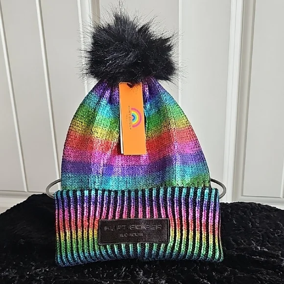 Kurt Geiger Kids Black Beanie with Multicolor Knit Patch KURT GEIGER LONDON Rainbow Foil Cable Knit Hat | Bloomingdale main image 3